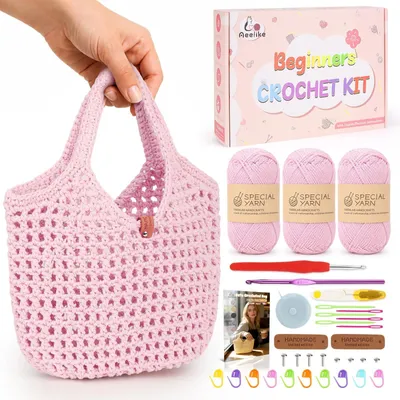 Zdjęcie produktu dla Solidchoice - Zestaw do nauki szydełkowania dla początkujących, zawierający haczyki, druty i włóczkę, w kolorze jasnoróżowym