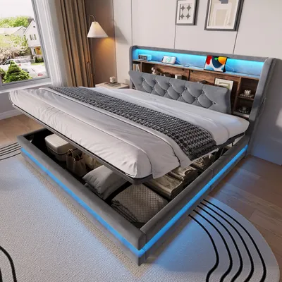Obrázek produktu pro STILVORA čalouněná postel 160x200 cm s hydraulickým úložným prostorem a multifunkční čelo, sametová postel s LED osvětlením a USB/Type-C porty, dvoulůžko s otevřenými policemi