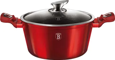 A red pot with a glass lid and silver handles, shown from the front on a white background.