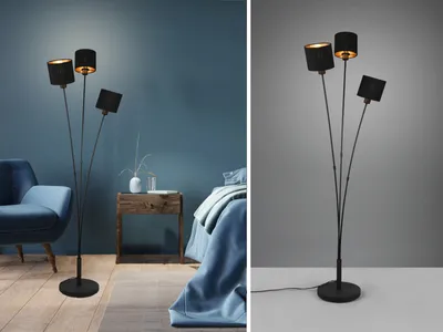 Produktbild von Stehleuchte 3-flammig Stoffschirme Schwarz Gold inkl. E14 LEDs, Höhe 150cm
