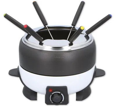 Productafbeelding van Cuisinier Deluxe Fondueset Elektrisch 800W – Fonduepan 2L voor 6 Personen - Geschikt voor Kaasfondue en Chocolade Fondue – Incl. Fonduevorken – Instelbare Temperatuur – RVS met Antiaanbaklaag