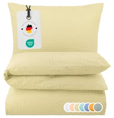 Produktbild von Seersucker Bettwäsche 155x220 Einfarbig Creme Uni Bettwäsche Sommer Bettbezug 155 x 220 - Bügelfrei