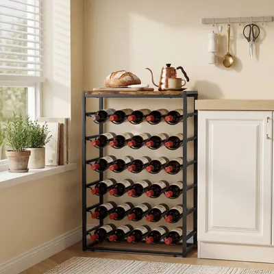 Produktbild von Weinregal für 30 Flaschen, freistehendes Flaschenregal Metall Spanplatte, Rustikal-Braun | 59 x 30 x 88,5 cm | 6 kg