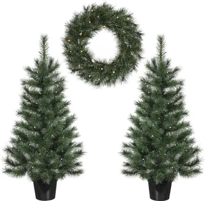 Produktbild von Black Box Trees Glendon Set mit 2 Weihnachtsbäumen und 1 Kranz mit LED-Beleuchtung - Grün