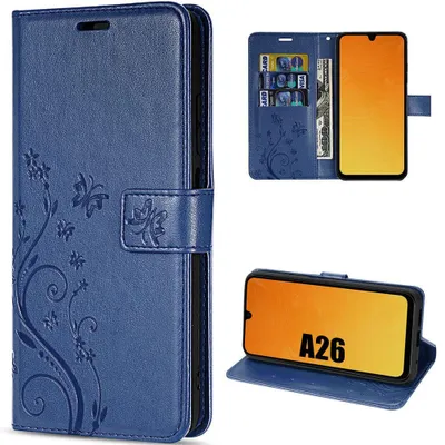 Image de Coque pour Samsung Galaxy A26 5G, Protection Rabat Antichoc Synthécuir Bleu Marine Motif Papillon Fleur