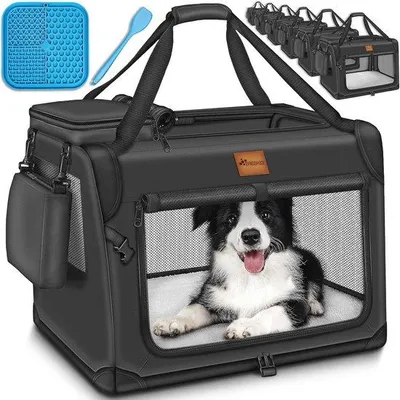 Productafbeelding van Opvouwbare hondenbox met likmat en spatel - Transportbox voor honden en katten, 61 x 42 x 42 cm