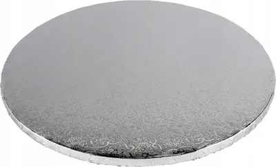 A round, silver cake board is shown from a slightly elevated angle against a white background.