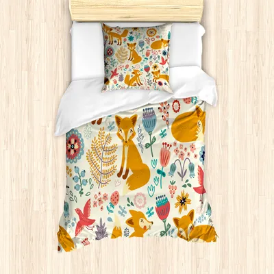 Produktbild von ABAKUHAUS Fuchs Mantele, Füchse Aufwändige Blumen Vögel, Milbensicher Allergiker geeignet mit Kissenbezügen, 135 cm x 200 cm - 80 x 80 cm, Mehrfarbig
