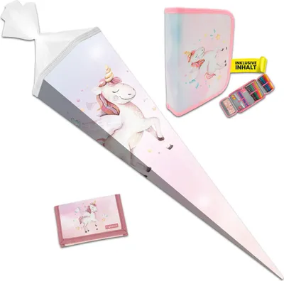 Produktbild von itenga Schultüte 85cm mit Mäppchen (gefüllt) und Brustbeutel Set EINHORN AQUARELL