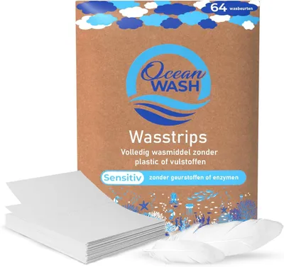 Produktbild von Wasstrips Sensitive, Biologisch Abbaubare Waschmittelstreifen, 64 Waschladungen, für Alle Textilarten