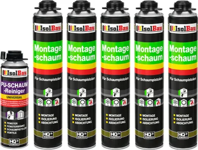 Produktbild von Isolbau Bauschaum-Set - Inkl. 5x 1K Montageschaum Pistolenschaum (je 750 ml), 1xPU-Schaum-Reiniger (500 ml)