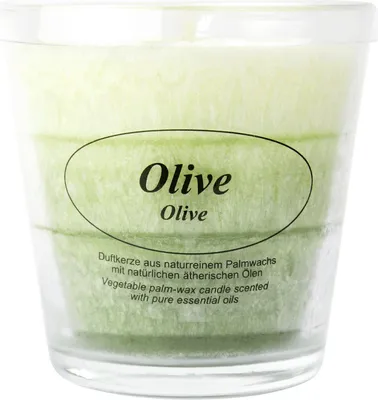 Produktbild von Duftkerze im Glas, 100% pflanzliches Stearin, Olive, KERZENFARM HAHN, mit reinen ätherischen Ölen, Brenndauer ca. 24h