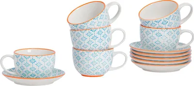 Produktbild von Nicola Spring 12-teiliges handbedrucktes Cappuccinotassen- und Untertassen-Set – 250 ml – Blau