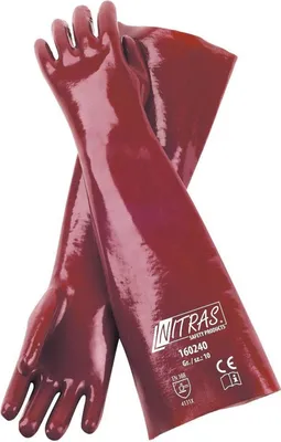 A pair of red, long-cuffed gloves.
