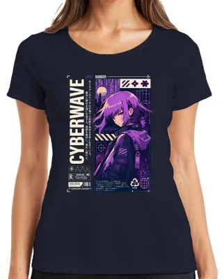 Productafbeelding van CYBERWAVE T-shirt voor dames, met een anime-meisje, lila haar, Japanse stijl, Y2K, vaporwave-thema, manga-print, marineblauw, maat S
