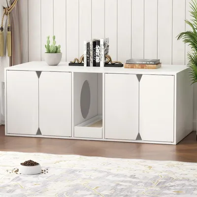 Produktbild von Katzenschrank mit 4 Türn und Abfallbehälter, Katzentoilette, Katzenklo Schrank, Katzenhaus für Große Katzen, Sitzbank, Weiß, MDF, 110 x 43 x 52 cm