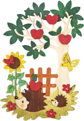 A wooden craft decoration depicting a hedgehog family under an apple tree with a sunflower.