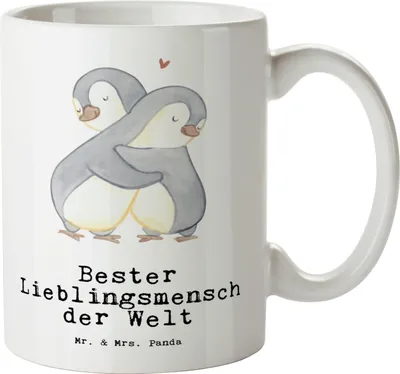 Produktbild von Mr. & Mrs. Panda Kaffeepott Pinguin Bester Lieblingsmensch der Welt - Weiß - Geschenk, Geschenkidee, Pott, weisse tasse, Haferl, Große, Teetasse, Herz, Familie, Papa
