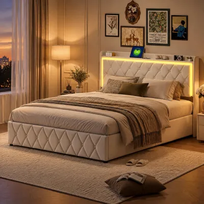 Produktbild von INONEFT Polsterbett 140x200 cm, Jugendbett mit LED und USB, Hydraulisch Doppelbett mit Stauraum, Stauraumbett Bettgestell mit Lattenrost, Samt, Beige