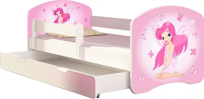 A child's bed with a pull-out drawer, decorated with a fairy theme.