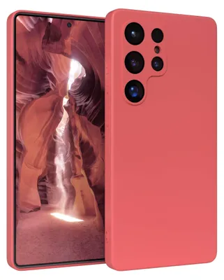 A red smartphone case is shown next to a smartphone with a canyon wallpaper.