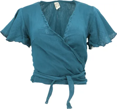 Produktbild von Boho Wickelbluse, Wickeltop aus Baumwolle - Petrol, Damen, Blau, Größe: S