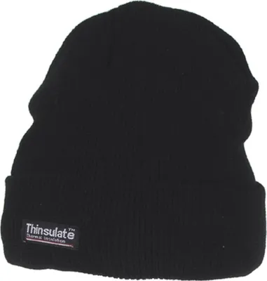 A black beanie hat with a label.