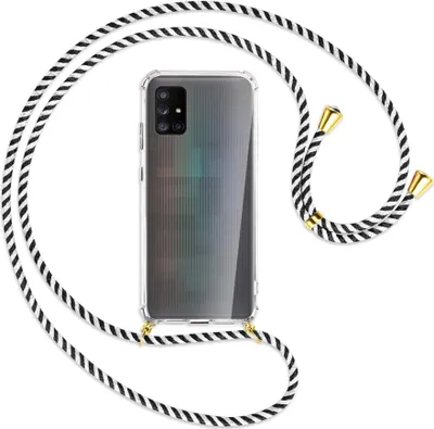 Produktbild von Handykette Backcover-Schutzhülle mit Band (Metall goldfarben) für Samsung Galaxy A71 5G - schwarz/weiß gestreift
