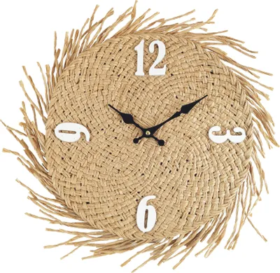 A round straw wall clock with black hands and white numbers on a white background.