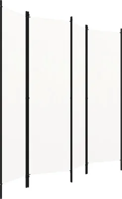 A white room divider with black metal frames.