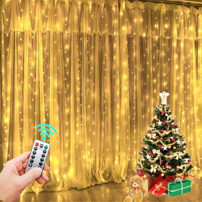 LED-Lichtvorhang 3 m x 3 m, warmweiß, USB, Fernbedienung, 300 LEDs
