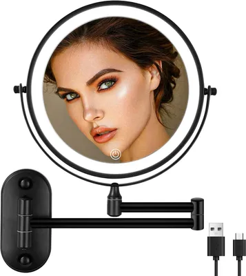 Obrázek produktu pro Zrcadlo do koupelny, montáž na stěnu, zvětšení 1x/10x, LED osvětlení, 3 barvy, černá barva