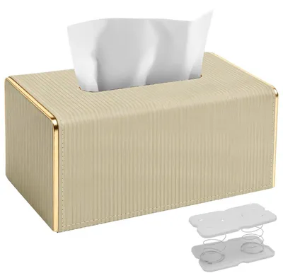 Image de Boîte de mouchoirs en cuir synthétique, rectangulaire, 25,2 x 13,8 x 11,4 cm, couleur "milktee" avec bordure dorée