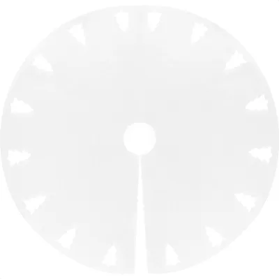 A white Christmas tree skirt with a cut-out pattern of Christmas trees around the edge, laid flat on a white background.