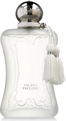 A white frosted glass perfume bottle with a silver cap and white tassels.