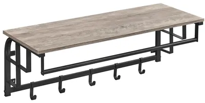 Produktbild von Wandgarderobe mit Ablage - LCR102 - 5 abnehmbare Haken - Kleiderstange - Metallrahmen - Holz - Greige