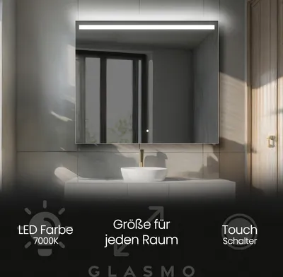 Produktbild von Wandspiegel mit Beleuchtung 70x50 cm Everly - Horizontal Rechteckiger Badspiegel mit LED Beleuchtung - Kaltweiß 7000K - Badezimmerspiegel Lichtspiegel mit Touch Schalter