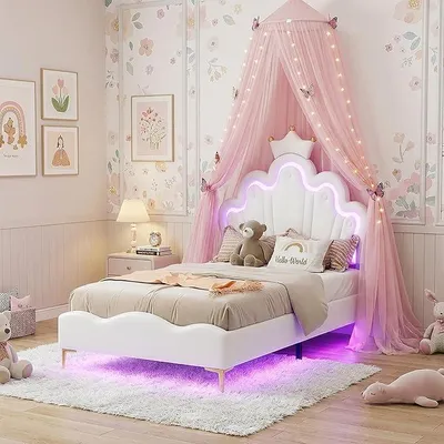 Immagine prodotto di Letto per bambini imbottito, 90x200 cm, letto singolo con LED, struttura letto multifunzionale con rete a doghe, letto 90x200 cm, letto per ragazzi