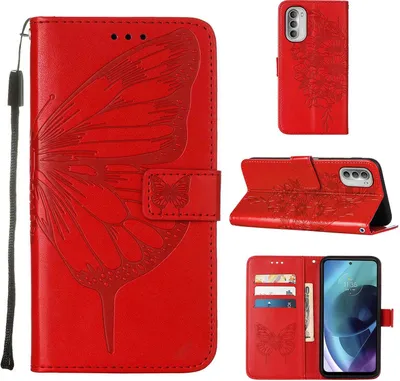 Produktbild von Moto G51 5G Hülle, Schmetterling Prägung Flip Leder Kartenfächer Schutzhülle Ledertasche mit Ständer für Motorola Moto G51 5G Rot