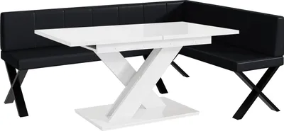 Produktbild von MEBLINI Eckbank für Esszimmer mit ausziehbarem Tisch  - Küchenbank - Essecke - Sitzecke Küche - PETER - X-Beine 142x196x87cm Rechts - Schwarz Kunstleder/B Weiß Hochgl.