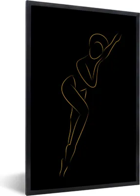 Produktbild von MuchoWow® Gerahmtes Poster Frau - Schwarz - Gold - Strichzeichnung 60x90 cm - Poster mit Schwarzem Bilderrahmen Wandposter Rahmen Foto Bilder - Kunst
