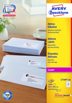 Produktbild von Avery Zweckform L7160-100 Adress-Etiketten, 63,5 x 38,1 mm, Geeignet für Deutsche Post INTERNETMARKE, 100 Blatt/2.100 Etiketten, weiß