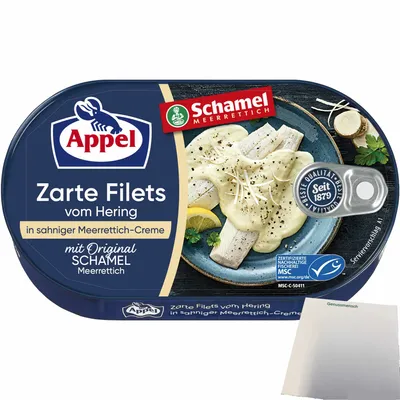 Produktbild von Appel Zarte Filets vom Hering in sahniger Original Schamel Meerrettich-Creme (200g Dose) + usy Block