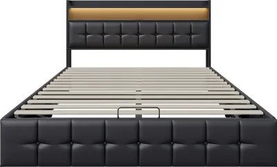 Obrázek produktu pro CDGlobal čalouněná postel 140x200cm s USB a lamelovým roštem, hydraulická postel s úložným prostorem, úložný prostor, manželská postel s úložným čelem a LED, PU, černá barva