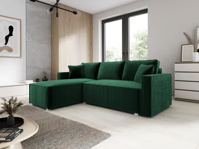 Obrázek produktu pro Rohová sedací souprava s funkcí spaní a lůžkem NOEMI 145x235 cm, manšestrová zelená rohová sedací souprava, sedací souprava ve tvaru L, univerzální otoman, pohovka s vlnovou pružinou - PS 14