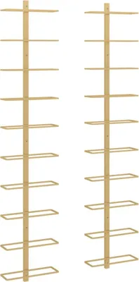 Two identical golden metal wine racks are shown against a white background.