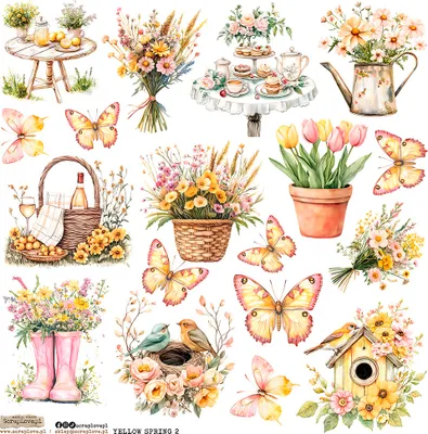 Image de Papier autocollant - ScrapLove - Yellow Spring 2 fleurs papillons printemps