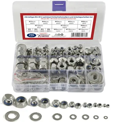 Produktbild von 296pcs Sechskantmuttern Sicherungsmuttern mit Unterlegscheiben Edelstahl M3-M12 Silber