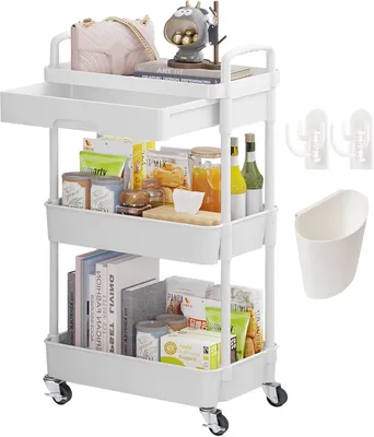 Immagine prodotto di Scaffale a 3 ripiani con ruote, carrello di servizio, scaffale mobile, bianco, carrello portaoggetti