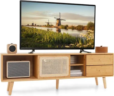Obrázek produktu pro Bambusový televizní stojan pro televizory do 65" TV konzole v moderním stylu poloviny století 140 x 31 x 45,5 cm přírodní